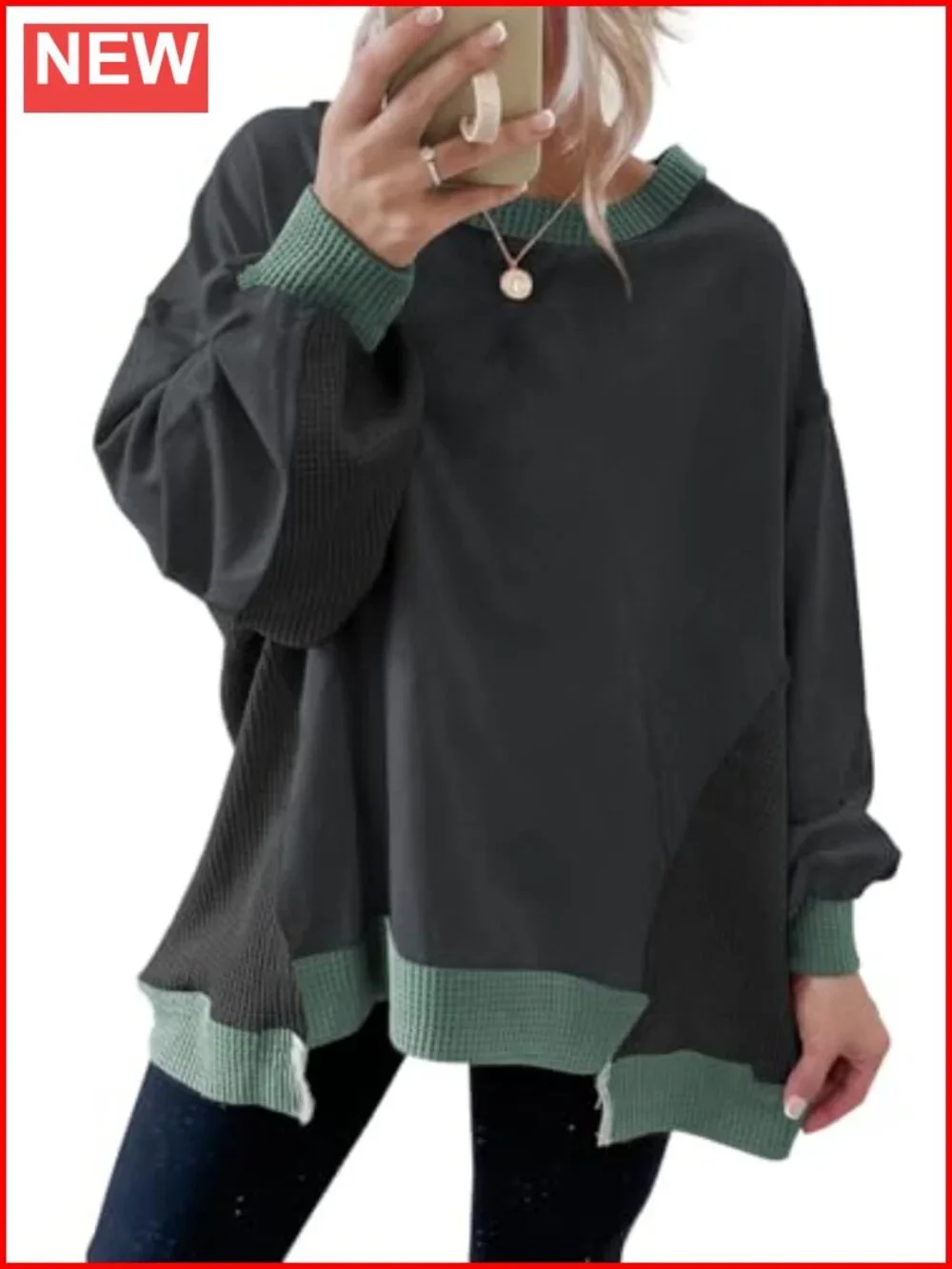 Waffle Knit Color Block Oversized Long Sleeve Sweatshirt